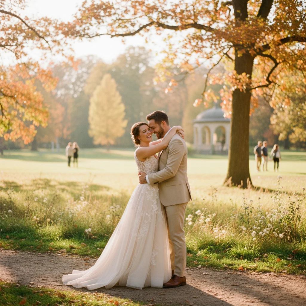 Milo and Bluey's story - a joyful couple embracing in a sun-drenched park with golden hour lighting, natural and intimate portrait photography