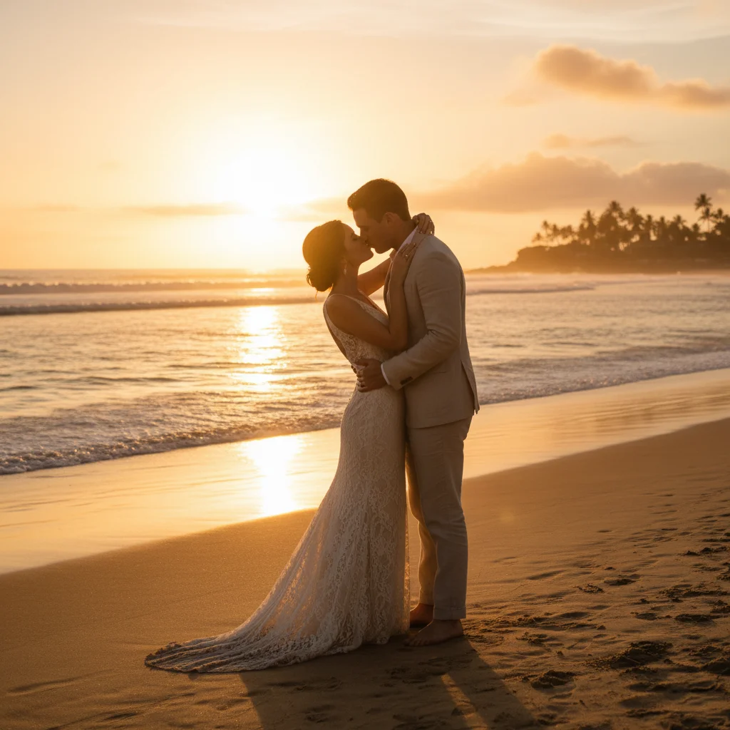 Romantic couple photo at sunset on a beach, warm golden tones, intimate moment, editorial wedding photography style