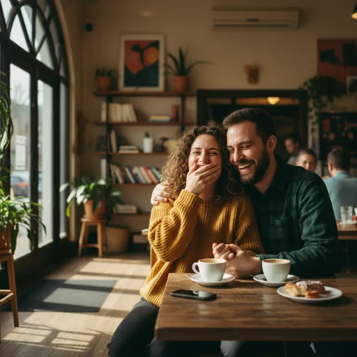 Couple laughing together in a cozy cafe, candid moment, natural light streaming through windows, documentary style photography