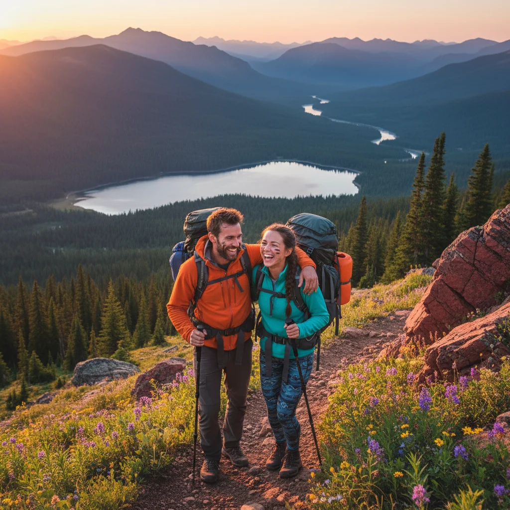 Couple hiking together on a mountain trail, adventurous and joyful, scenic landscape background, outdoor lifestyle photography