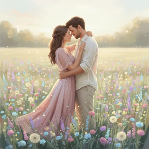 Intimate portrait of couple embracing in a field of wildflowers, soft romantic lighting, dreamy and ethereal mood