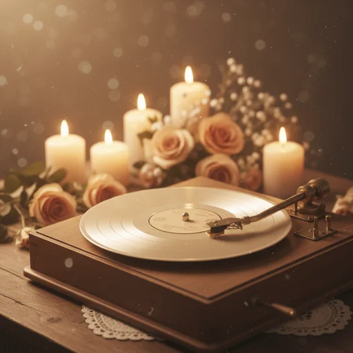 Romantic vintage vinyl record on a turntable with warm amber lighting, soft focus background with candles and flowers, intimate and nostalgic mood, editorial photography style