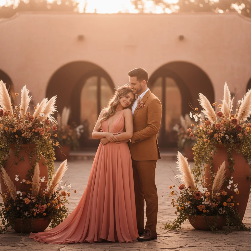 Elegant couple portrait with warm, rich color palette - soft coral, warm terracotta, golden hour tones, dusty rose, and warm amber hues, modern editorial wedding photography, sophisticated and intimate, soft golden diffused lighting, contemporary romantic style with earthy warmth, inviting and refined atmosphere
